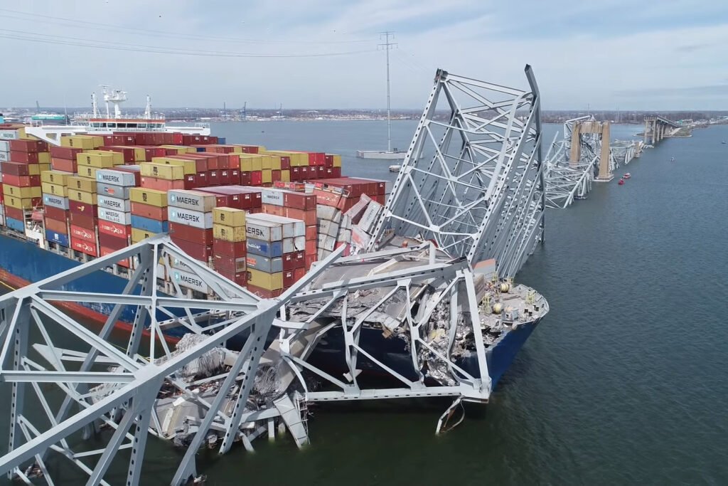 Collapsed Francis Scott Key Bridge in Maryland with Cargo Ship Dali. NTSB photo.